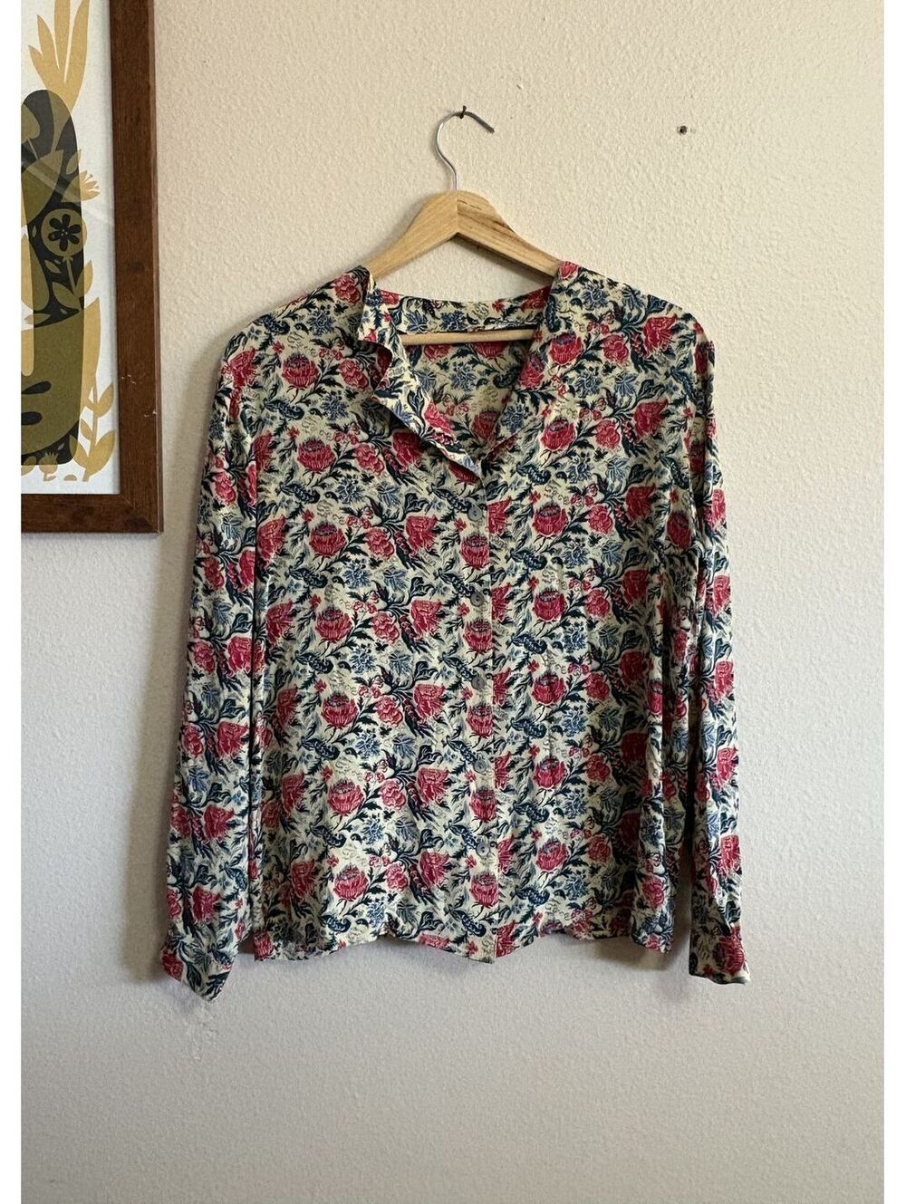 Vtg Floral Roses Cream Button Front Blouse Top Medium